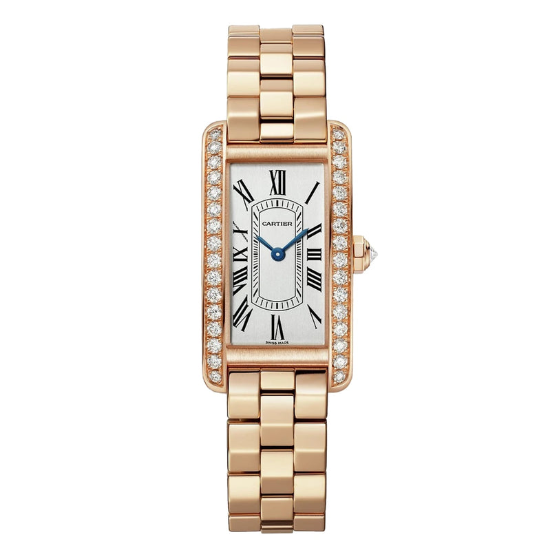 The Cartier Tank Américaine is a rectangular watch in rose gold, featuring a metal link band, diamond bezel, Roman numeral hour markers, and blue hands.