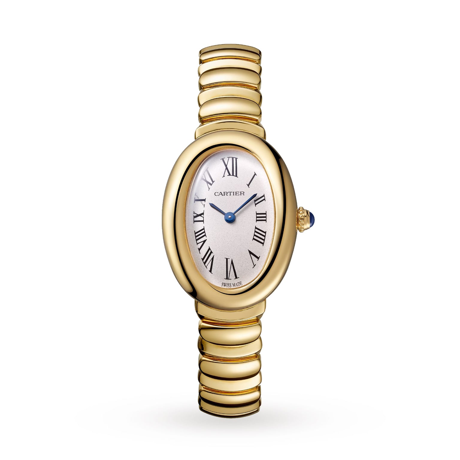 Cartier Baignoire watch with an oval face, Roman numeral hour markers, and a segmented 18K yellow gold bracelet band, displayed on a white background.