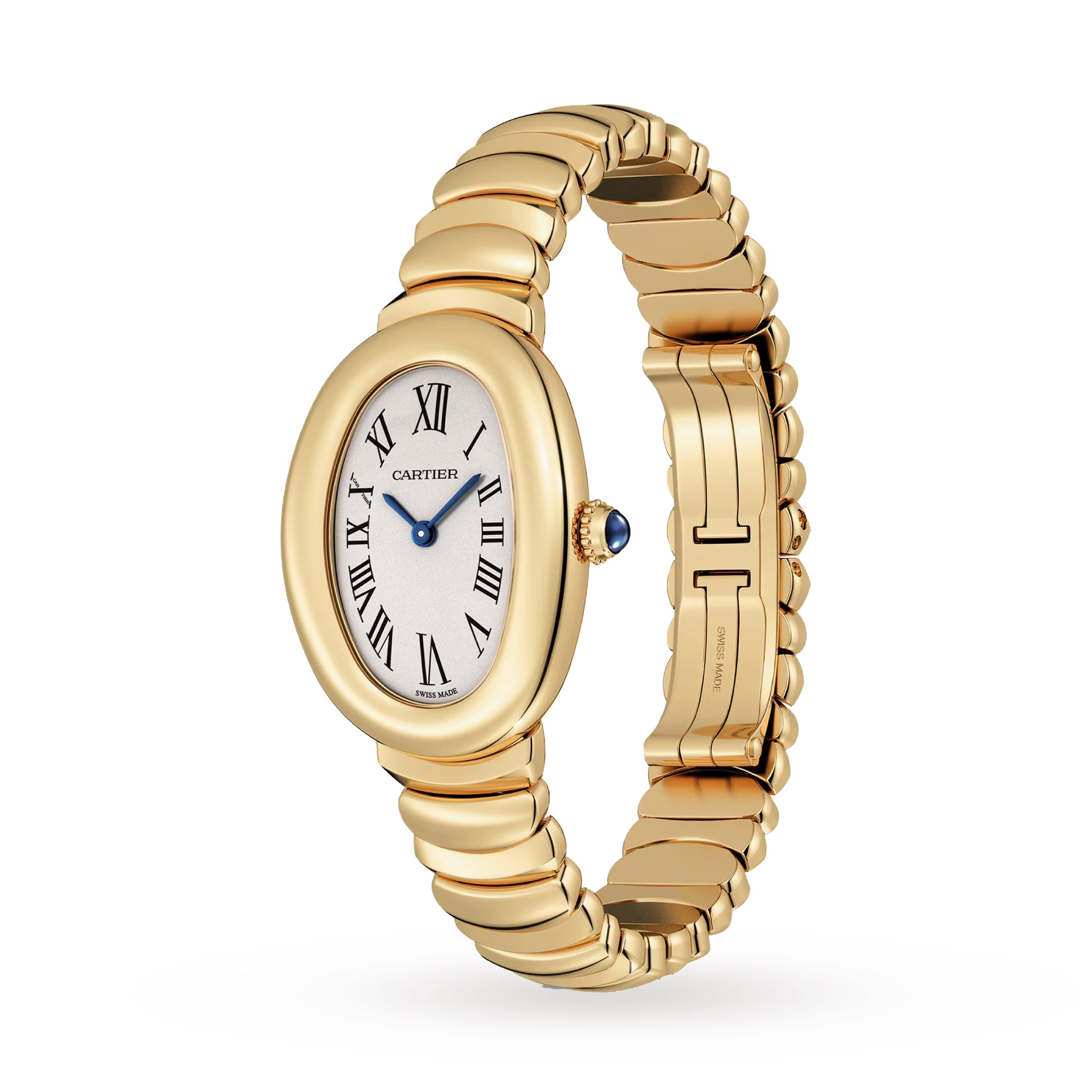 A Cartier Baignoire watch with an oval face, 18K yellow gold case, Roman numerals, blue cabochon crown, and matching link bracelet is displayed on a white background.