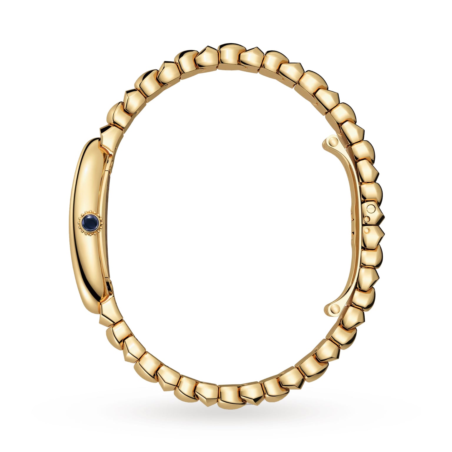 Side view of the Cartier Baignoire watch in 18K yellow gold, showcasing its rounded rectangular case, linked bracelet, blue cabochon crown, and water-resistant design on a white background.