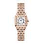 The Panthère De Cartier Watch by Cartier features a square face with Roman numerals, blue hands, and an 18K rose gold bracelet-style band—all embellished with sparkling diamonds.