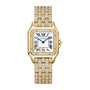 The Panthère De Cartier Watch by Cartier features a square face, Roman numerals, blue hands, and an 18K yellow gold diamond-encrusted band.
