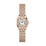 The Panthère De Cartier Watch by Cartier features a rose gold square face, Roman numerals, and a diamond-encrusted bracelet and bezel.