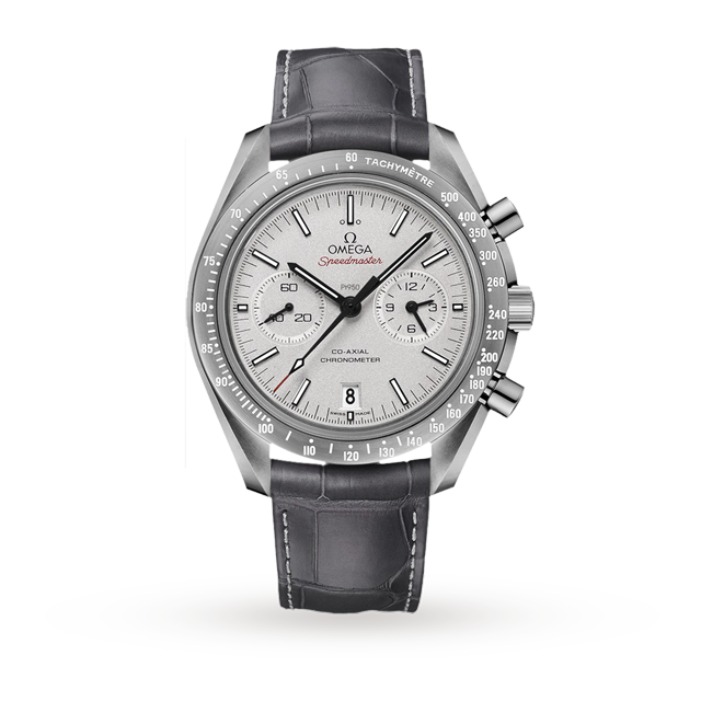 OMEGA Speedmaster Dark Side of the Moon Grey Side Edition with white dial, black leather strap, three subdials, Co-Axial calibre 9300 movement, tachymeter bezel, and date display at 6 o’clock.