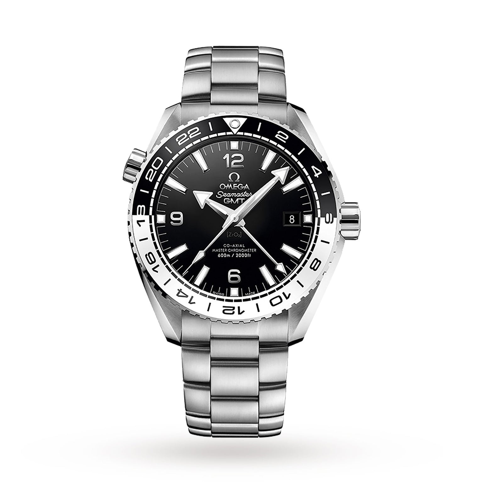 An OMEGA Seamaster Planet Ocean 600M dive watch in stainless steel features a black dial, white markers, date display, and a metal bracelet, displayed against a plain white background.
