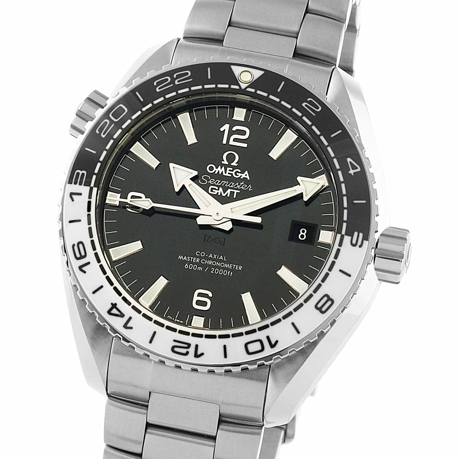 The OMEGA Seamaster Planet Ocean 600M is a stainless steel dive watch featuring a black dial, white hour markers, date display, and a black and silver bezel.