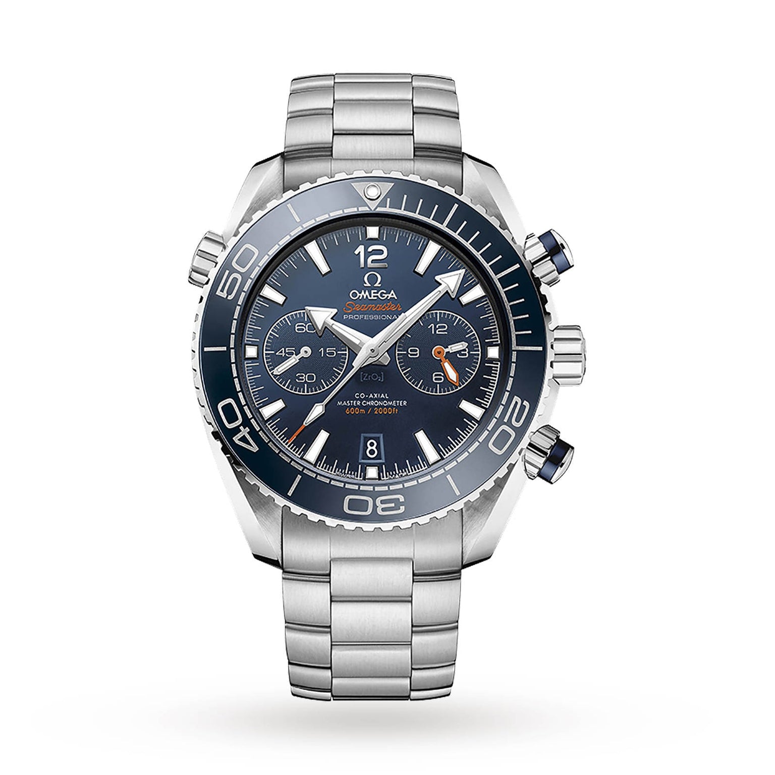 The OMEGA Seamaster Planet Ocean 600M features a stainless steel case, blue dial with silver markers, rotating bezel, date display, chronograph subdials, and metal bracelet—blending Seamaster heritage with precision and timeless style.