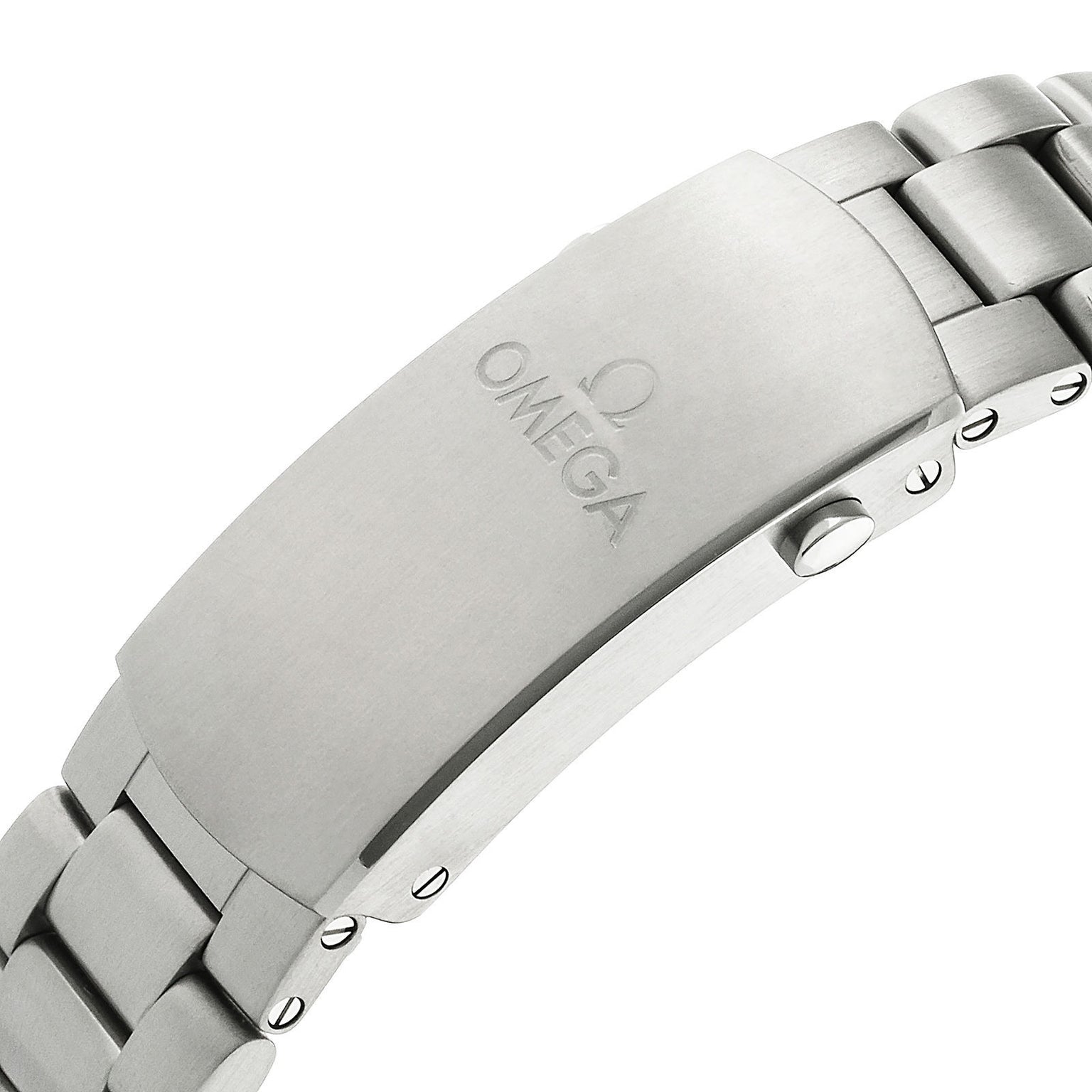 Close-up of the stainless steel clasp on the OMEGA Seamaster Planet Ocean 600M, featuring the engraved OMEGA logo on brushed metal—a testament to the collection’s heritage and meticulous craftsmanship.