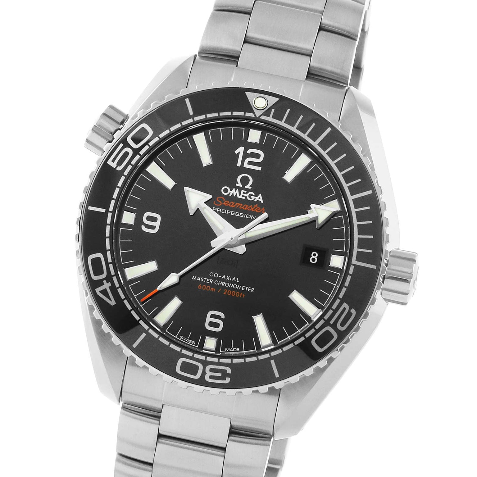 The OMEGA Seamaster Planet Ocean 600M is a stainless steel dive watch with a black dial, rotating bezel, date display, and white hour markers and hands.