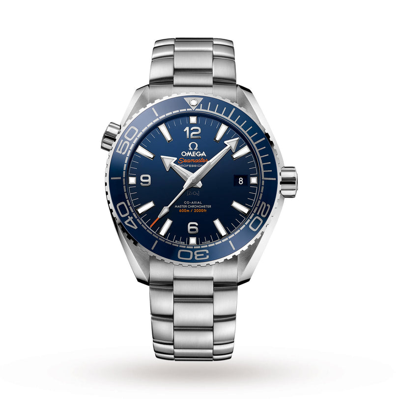 The OMEGA Seamaster Planet Ocean 600M is a stainless steel dive watch with a blue dial, silver hour markers, date at 3 o’clock, metal bracelet, and Master Chronometer certification, shown on a white background.