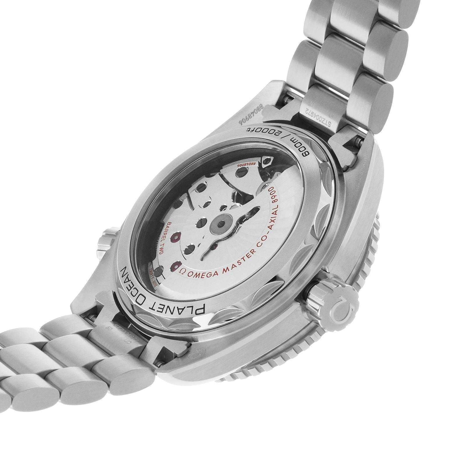 The back view of the OMEGA Seamaster Planet Ocean 600M with a stainless steel bracelet highlights its exposed automatic movement and Master Chronometer certification, visible through the transparent case back.