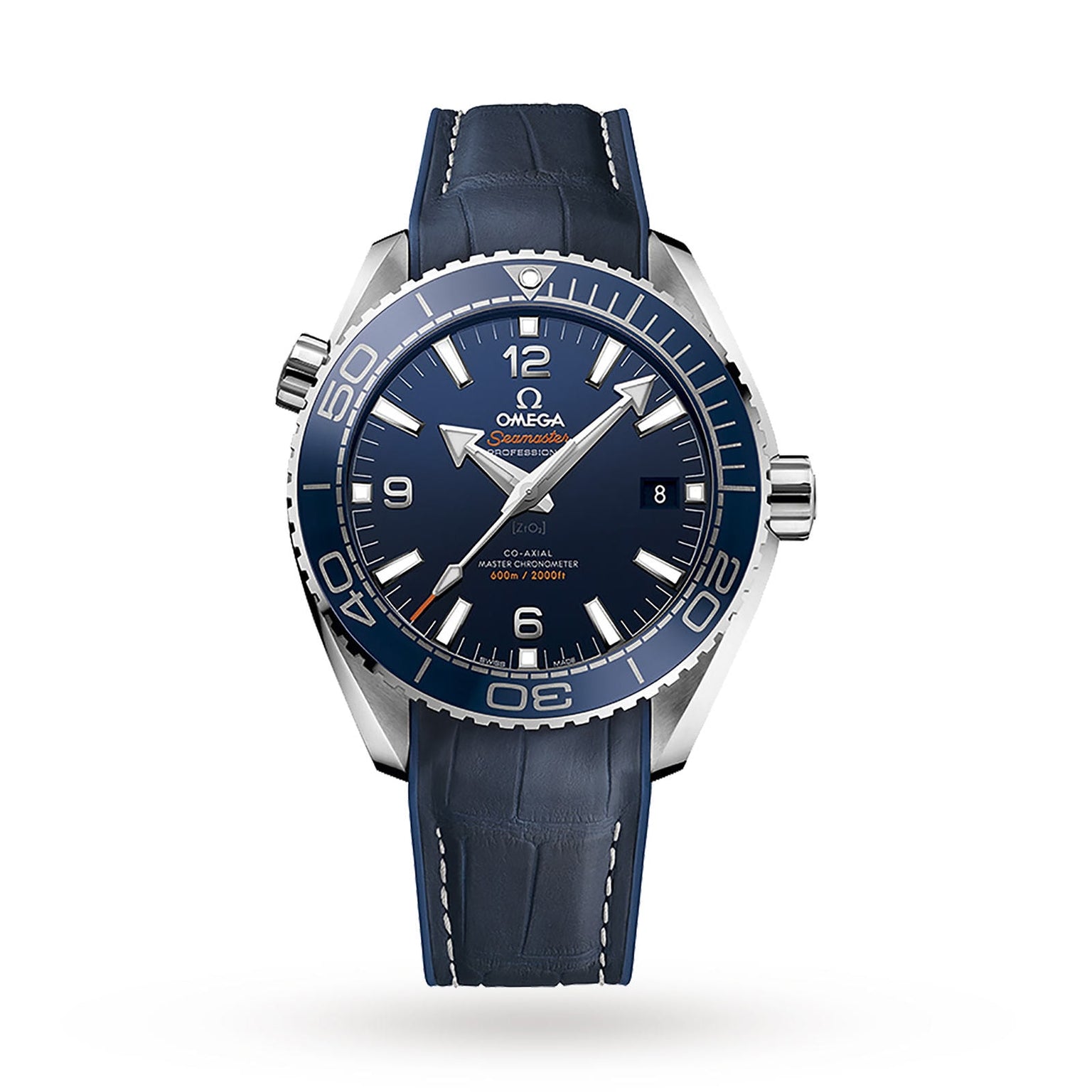 The OMEGA Seamaster Planet Ocean 600M, inspired by Seamaster heritage, features a blue leather strap, silver bezel, and white markers on a blue dial; its Master Chronometer certified and shown on a plain white background.