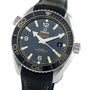 OMEGA Seamaster Planet Ocean 600M wristwatch with black bezel, dark blue dial, white hour markers, and a black leather strap. Features Seamaster heritage, Master Chronometer performance, and a date display at 3 o’clock.