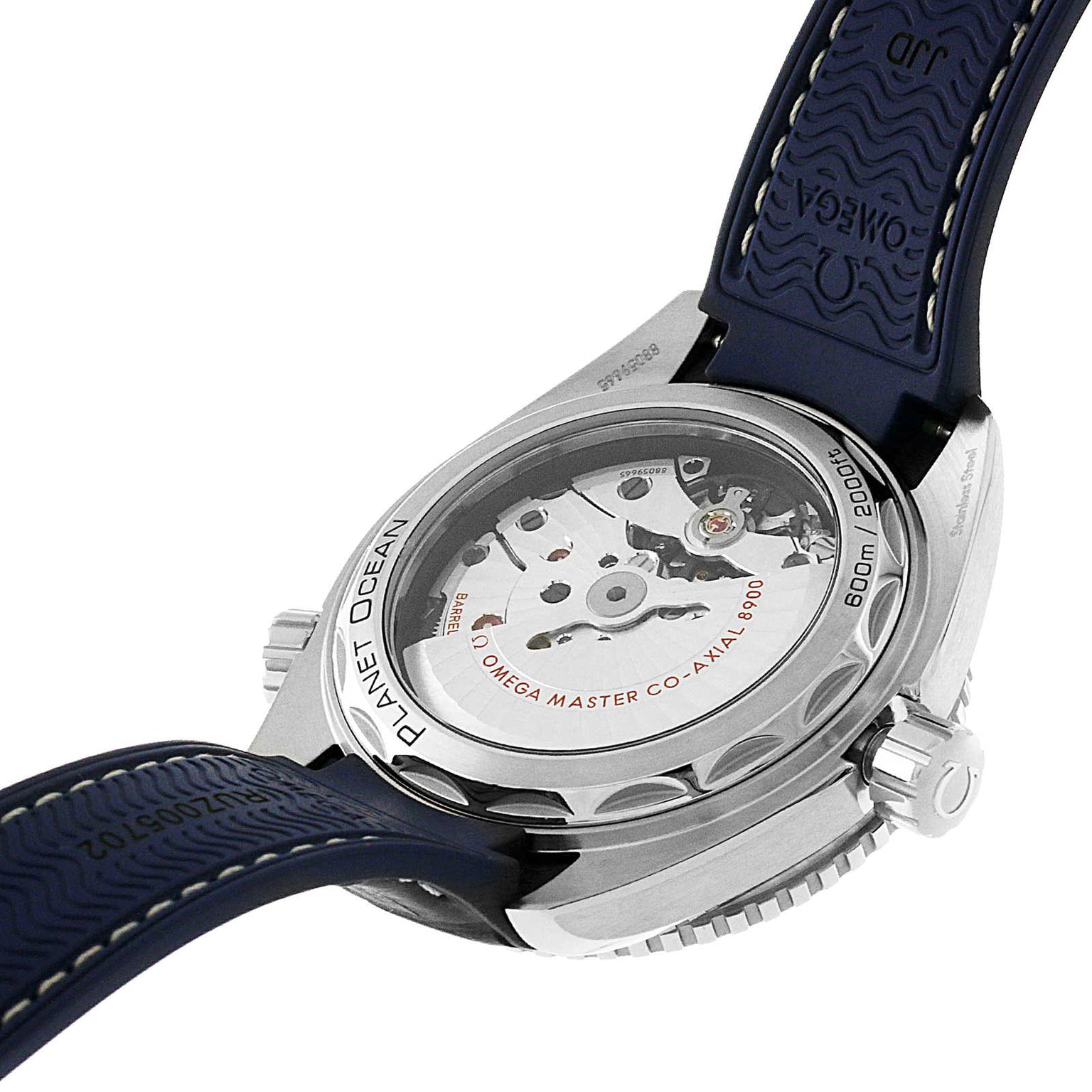 The OMEGA Seamaster Planet Ocean 600M features a blue rubber strap and an exhibition case back that reveals its Master Chronometer automatic movement, exemplifying classic Seamaster heritage.