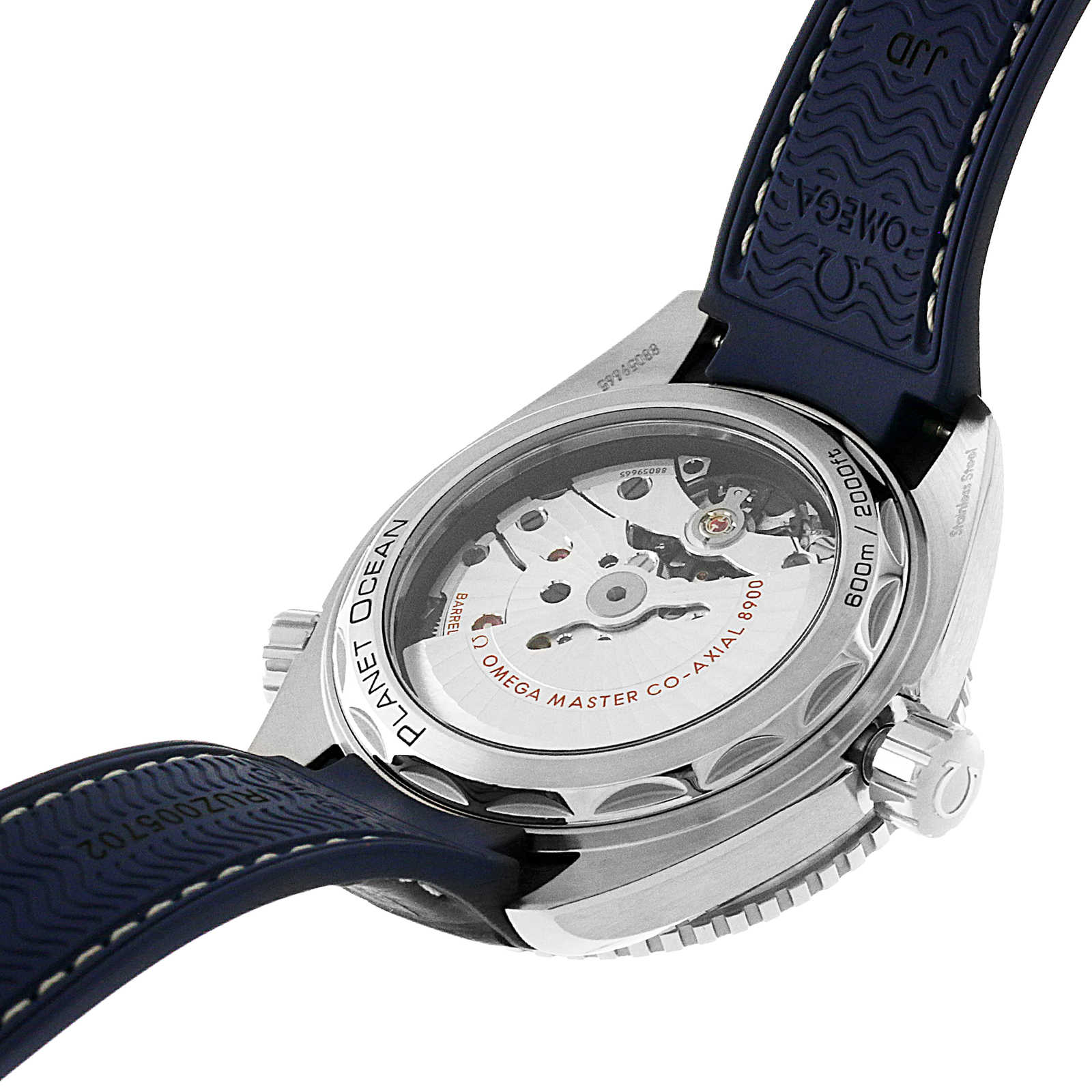 The OMEGA Seamaster Planet Ocean 600M features a blue rubber strap and an exhibition case back that reveals its Master Chronometer automatic movement, exemplifying classic Seamaster heritage.