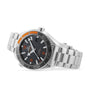 An OMEGA Seamaster Planet Ocean 600M stainless steel wristwatch with a black dial, orange accents, black ceramic bezel, and metal bracelet, displayed at an angle on a white background.