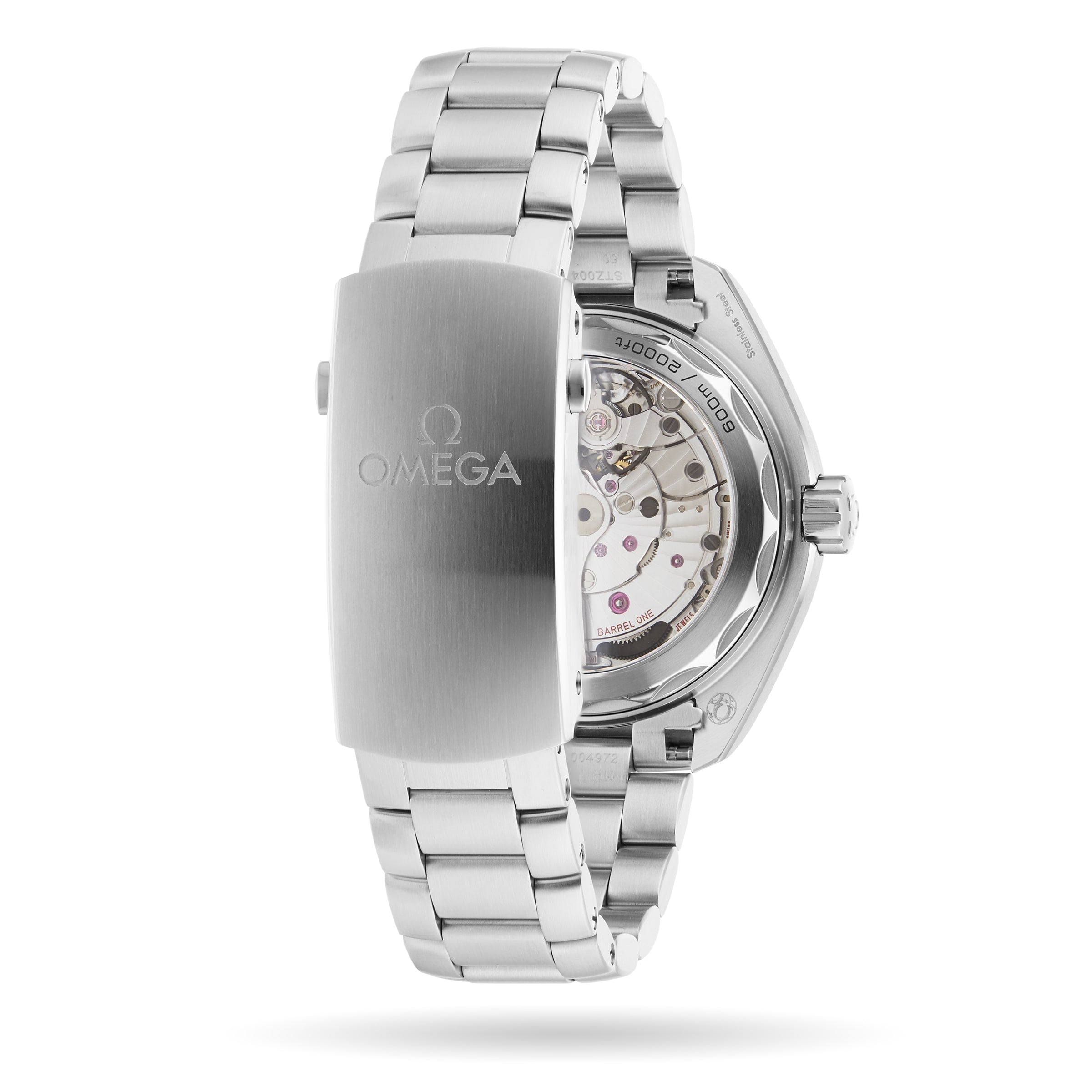 An OMEGA Seamaster Planet Ocean 600M wristwatch shown from the back, featuring a transparent caseback with visible mechanical movement, branded clasp, and black ceramic bezel.