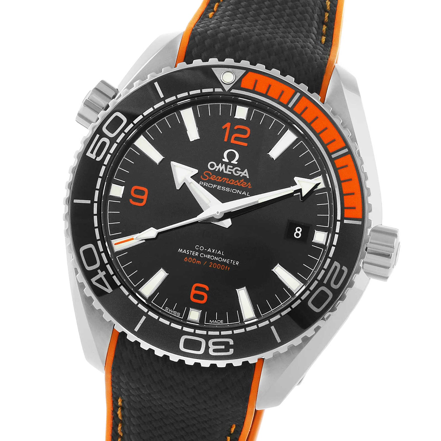 OMEGA Seamaster Planet Ocean 600M dive watch featuring a black dial, orange accents, rotating bezel, date window at 3 o’clock, and black strap with orange stitching. Master Chronometer certified for outstanding precision and performance.