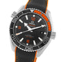 OMEGA Seamaster Planet Ocean 600M dive watch featuring a black dial, orange accents, rotating bezel, date window at 3 o’clock, and black strap with orange stitching. Master Chronometer certified for outstanding precision and performance.