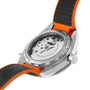 Back view of the OMEGA Seamaster Planet Ocean 600M, featuring its exposed mechanical movement, stainless steel case, and black-orange rubber strap—crafted to Master Chronometer standards.