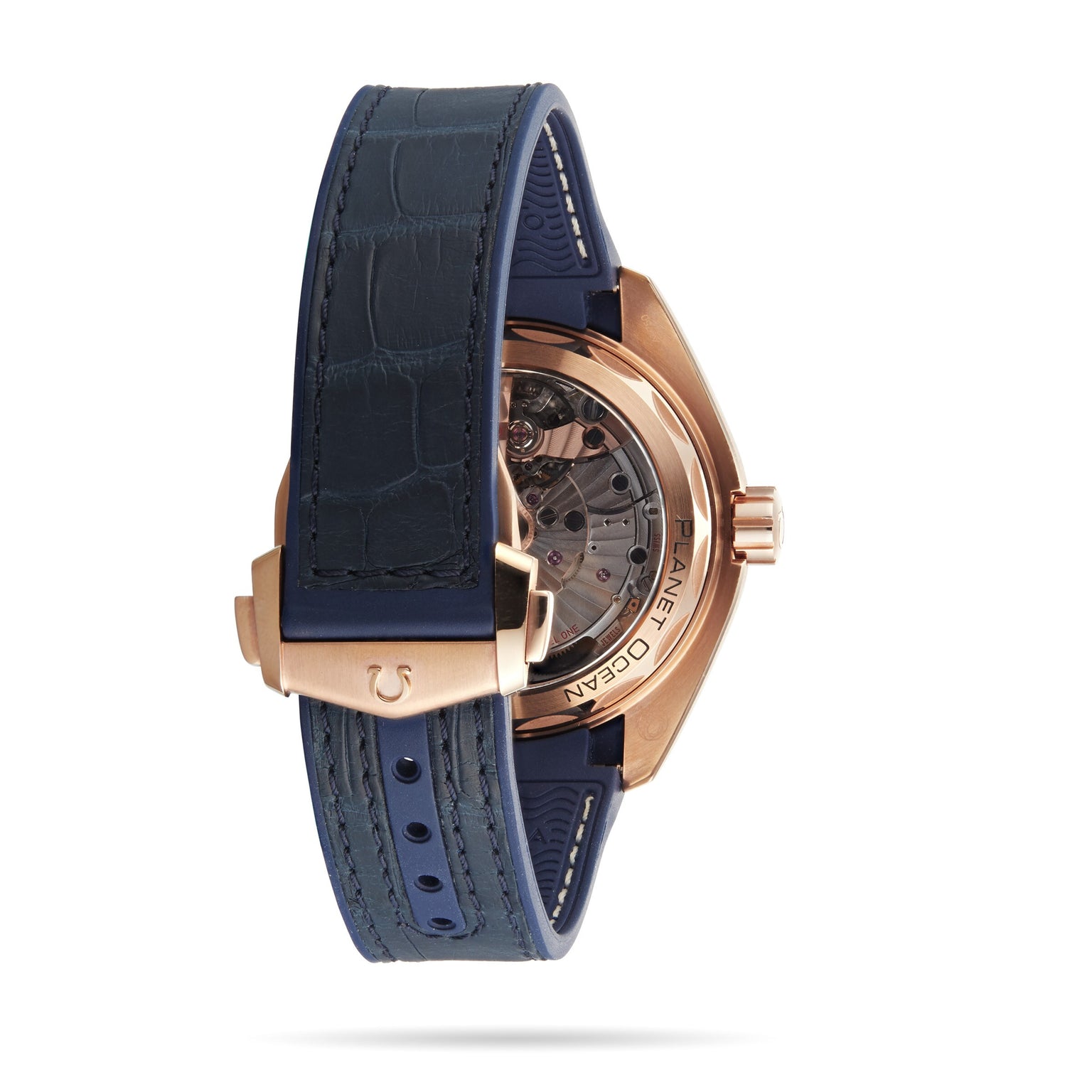 Back view of the OMEGA Seamaster Planet Ocean 600M, featuring a blue leather strap, rose gold case, and visible mechanical movement through a transparent case back—crafted to Master Chronometer standards.