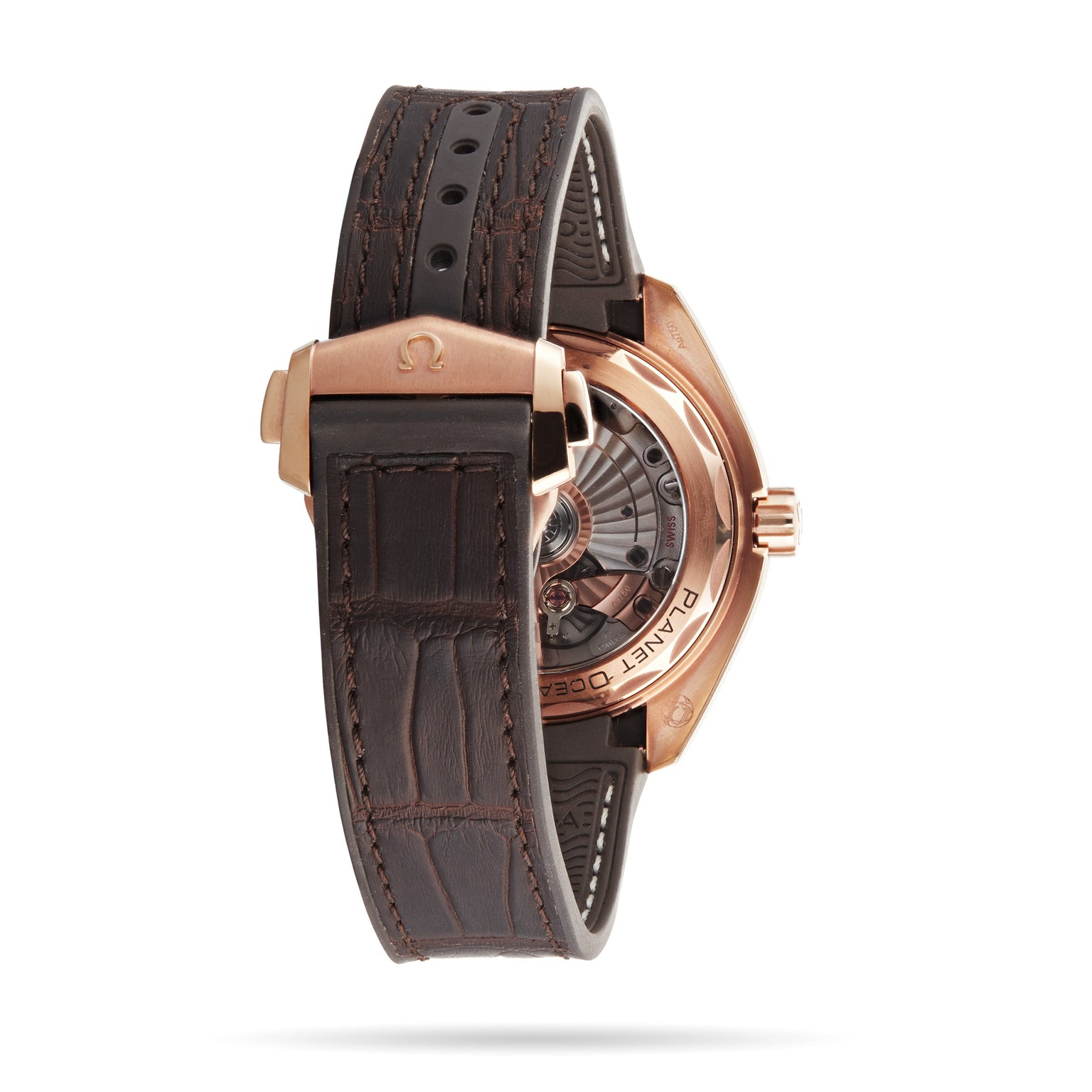 Back view of the OMEGA Seamaster Planet Ocean 600M, featuring a brown leather strap, rose gold clasp, and a transparent case back revealing the luxury chronograph’s mechanical movement.