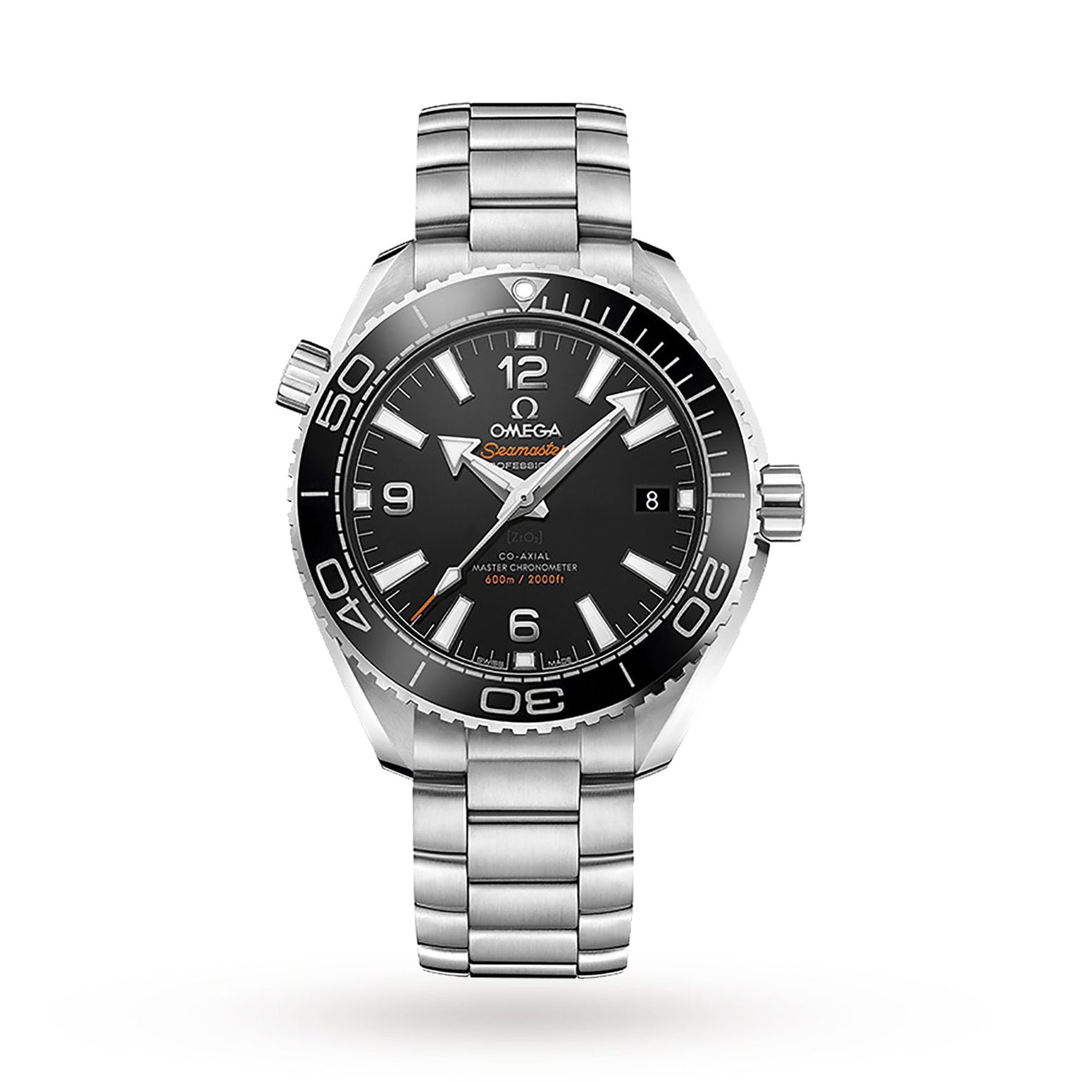 An OMEGA Seamaster Planet Ocean 600M stainless steel dive watch with a black dial, silver hour markers, date display, and rotating bezel, displayed on a white background.