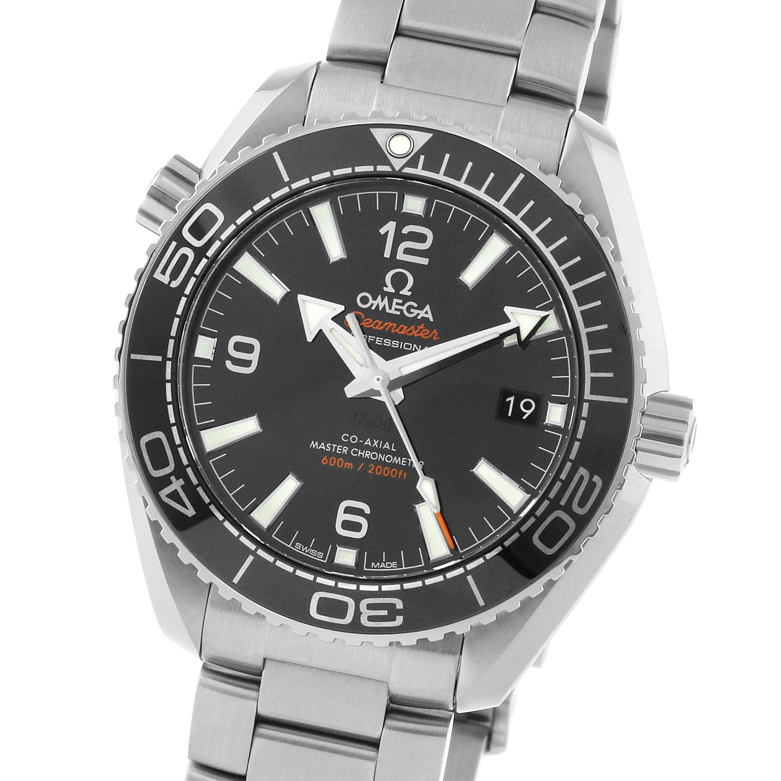 An OMEGA Seamaster Planet Ocean 600M diving watch in stainless steel, featuring a black dial with white markers, date display, and rotating bezel, shown at a slight angle.