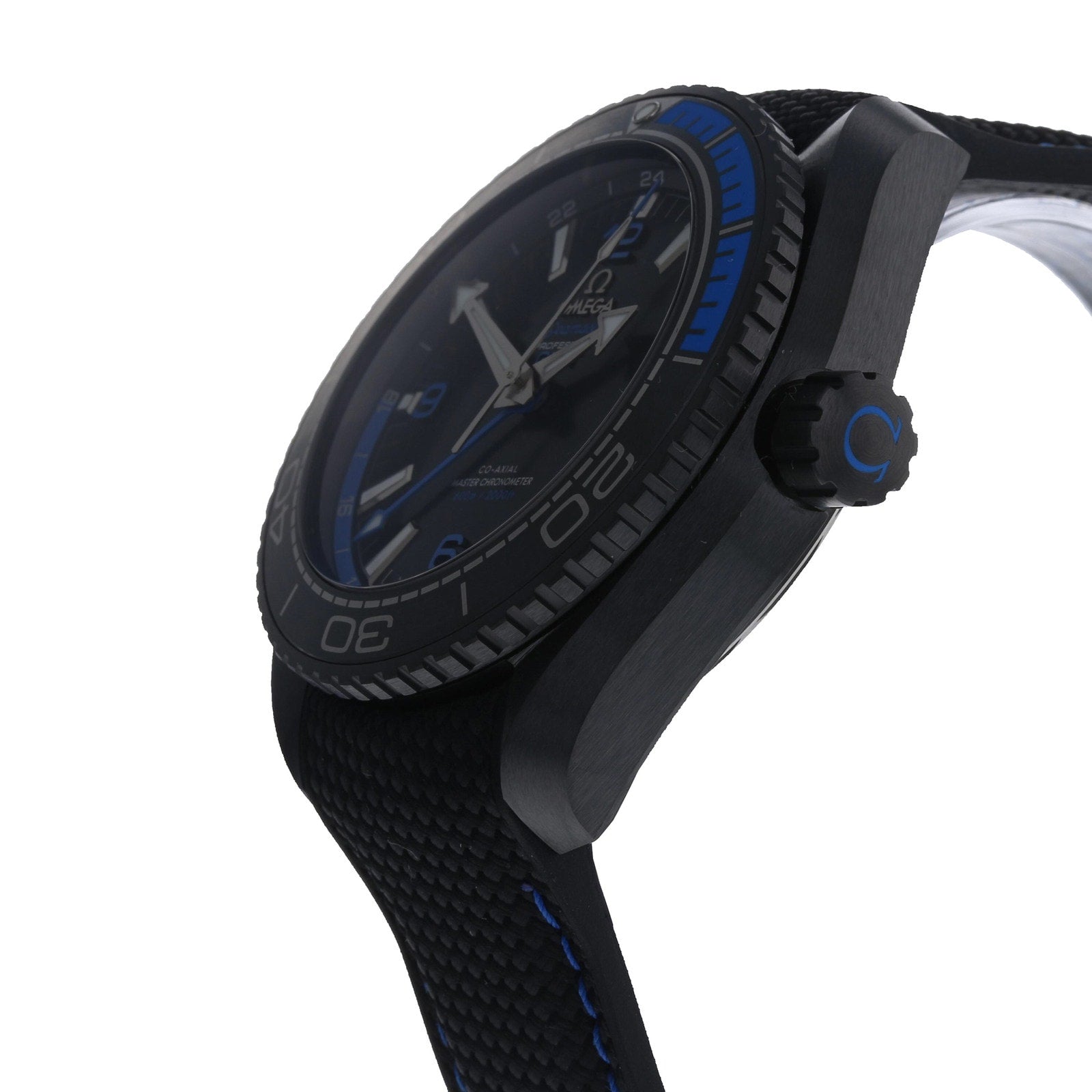 A side view of the OMEGA Seamaster Planet Ocean 600M diving watch with blue accents, a textured black strap, and a black bezel, displayed on a white background.