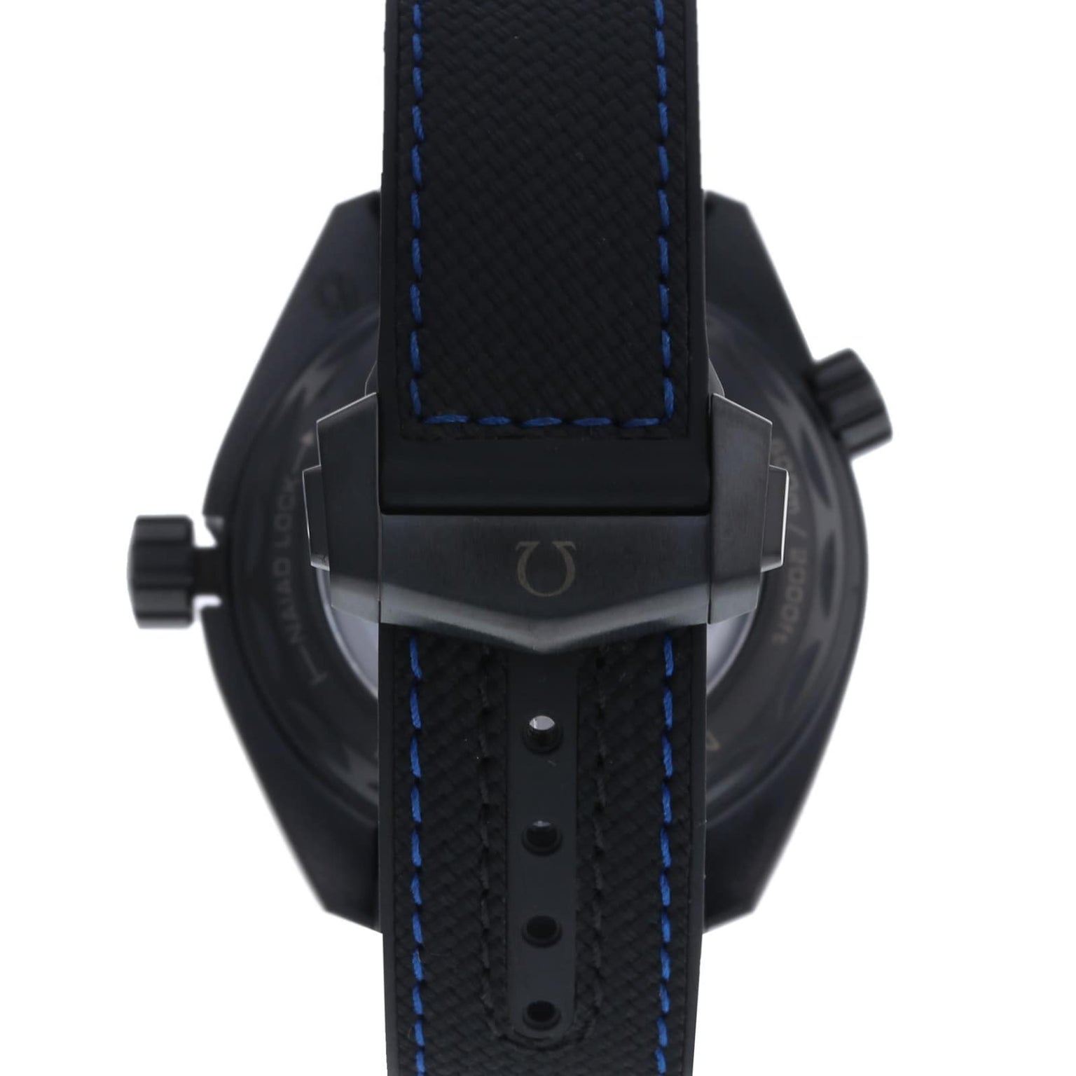 Black OMEGA Seamaster Planet Ocean 600M wristwatch shown from the back, featuring a textured leather strap with blue stitching and a metallic buckle—crafted for style and durability.