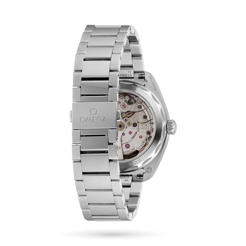 The OMEGA Seamaster Aqua Terra 150M wristwatch, featuring maritime-inspired design and a transparent case back revealing its mechanical movement, is displayed against a white background.