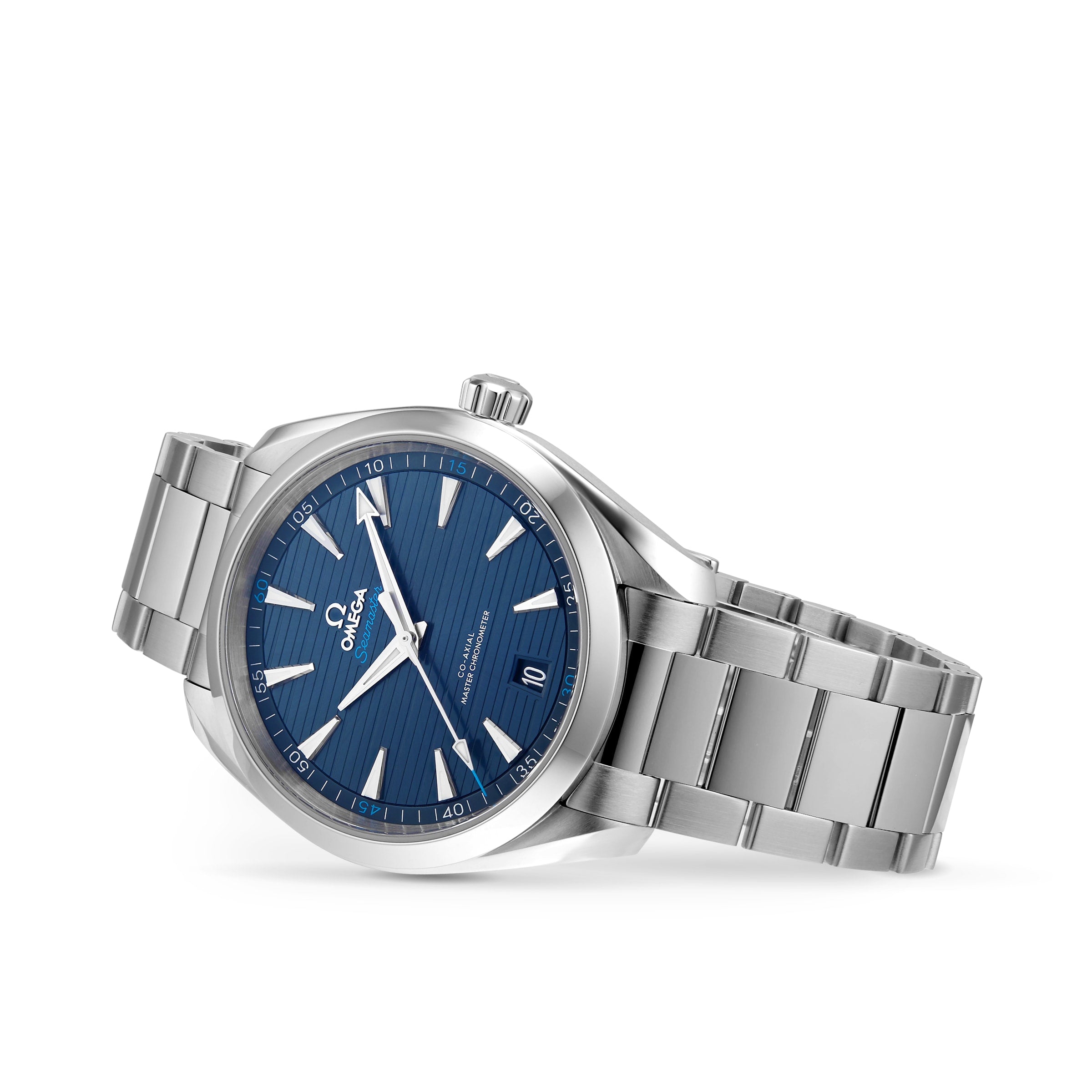 The OMEGA Seamaster Aqua Terra 150M wristwatch features a blue textured dial, silver hour markers, and a date window, displayed against a white background.