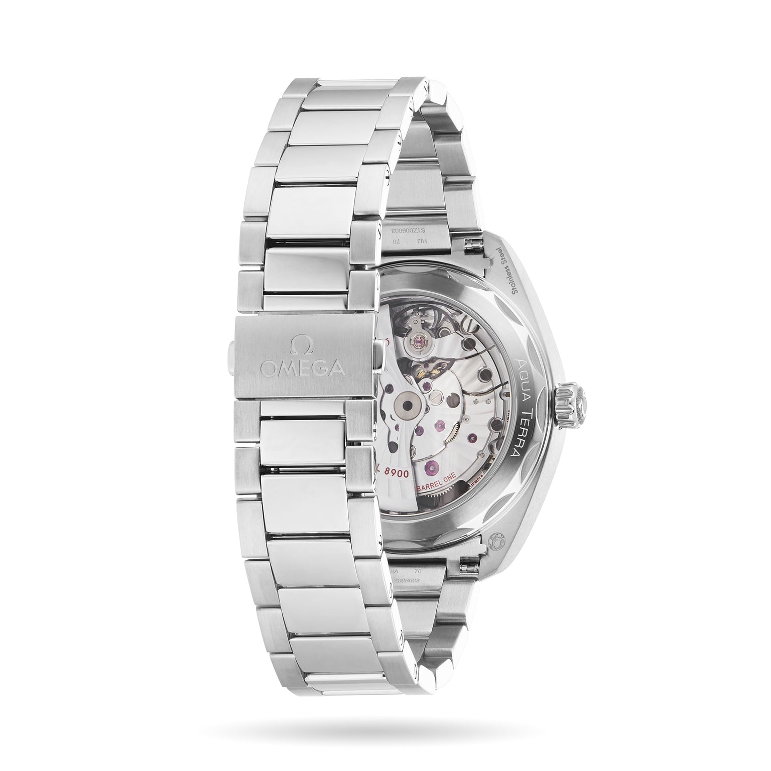 OMEGA Seamaster Aqua Terra 150M wristwatch shown from the back, featuring its transparent caseback and visible Master Chronometer movement—a tribute to OMEGA’s maritime legacy.