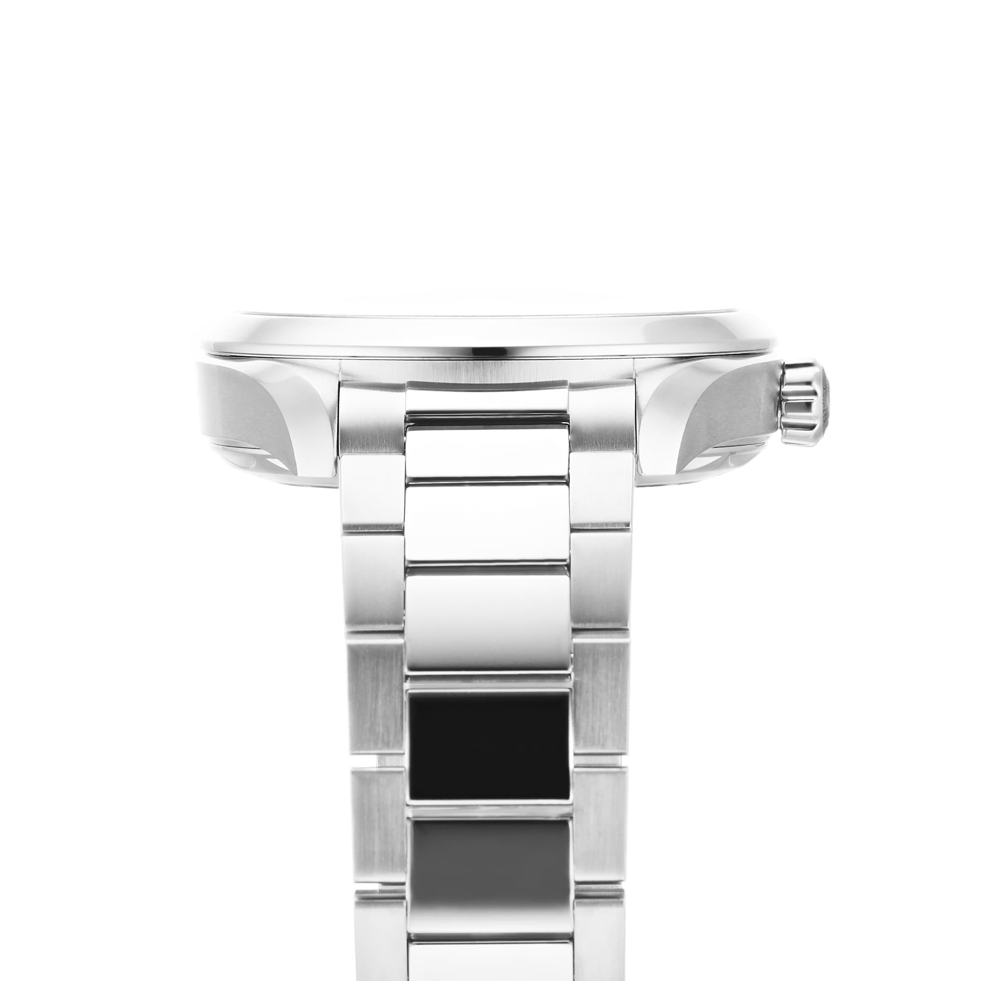 Close-up side view of the OMEGA Seamaster Aqua Terra 150M, featuring a silver metal link bracelet and visible crown, highlighting its heritage on a white background.