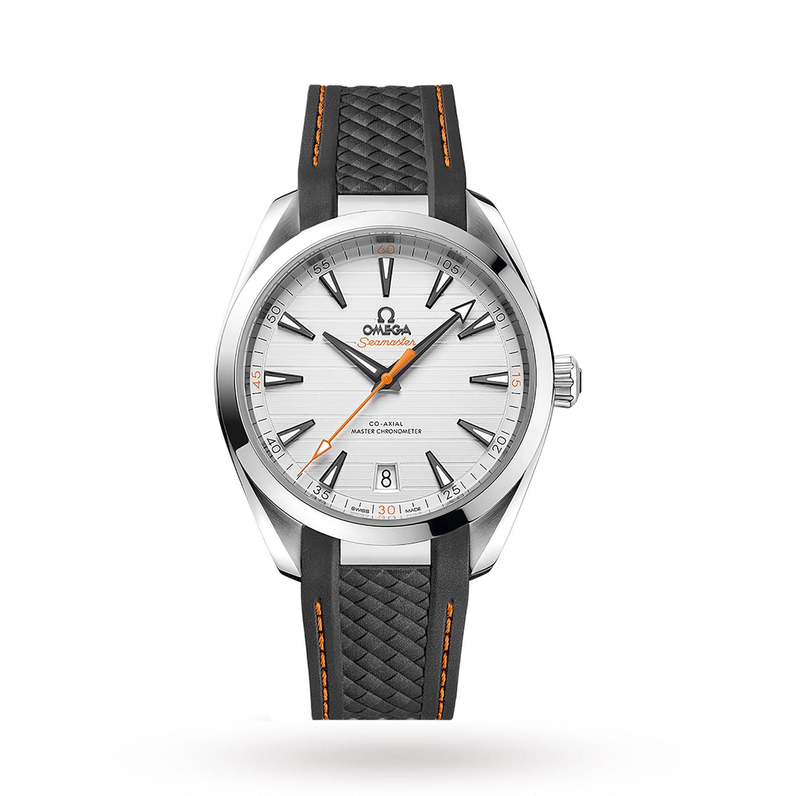 The OMEGA Seamaster Aqua Terra 150M is a silver wristwatch featuring a white dial, black and orange hands, date display, and a black strap with orange stitching, powered by the Master Chronometer 8900 calibre for outstanding precision.