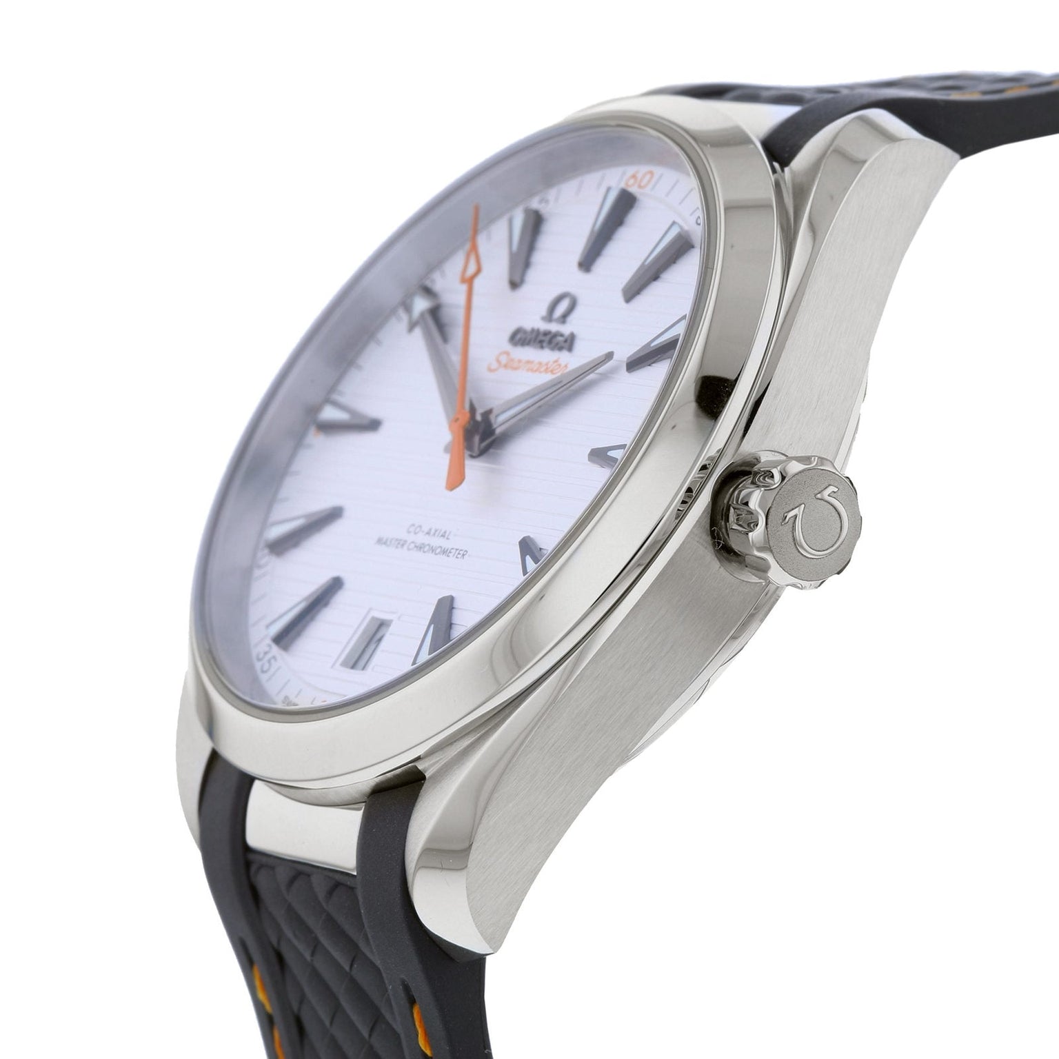 A close-up of the OMEGA Seamaster Aqua Terra 150M wristwatch featuring a white face, black hour markers, an orange second hand, and a black rubber strap—powered by the precise 8900 calibre movement.