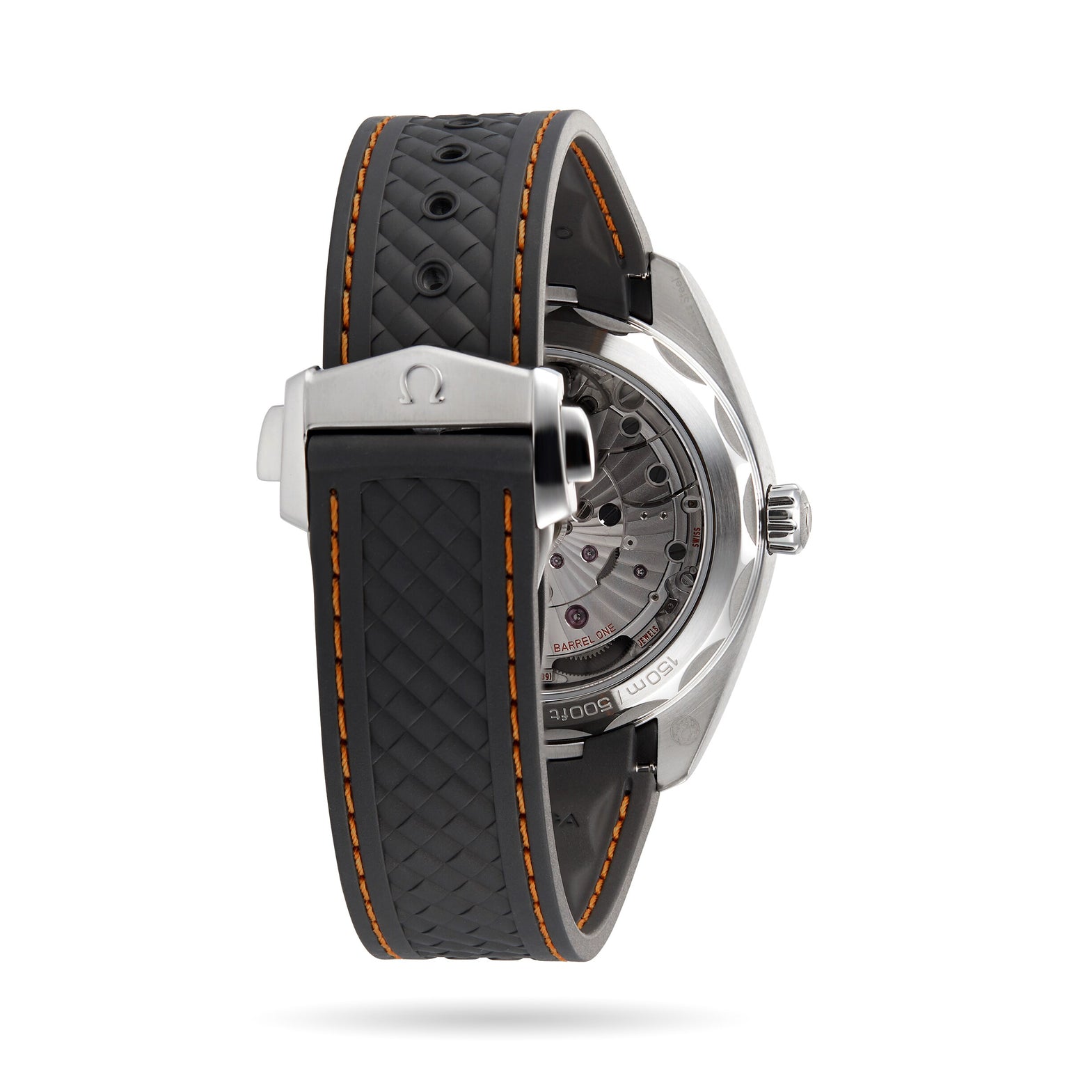 Back view of the OMEGA Seamaster Aqua Terra 150M, featuring a black patterned strap with orange stitching and metal clasp, highlighting the exposed Master Chronometer 8900 calibre movement.