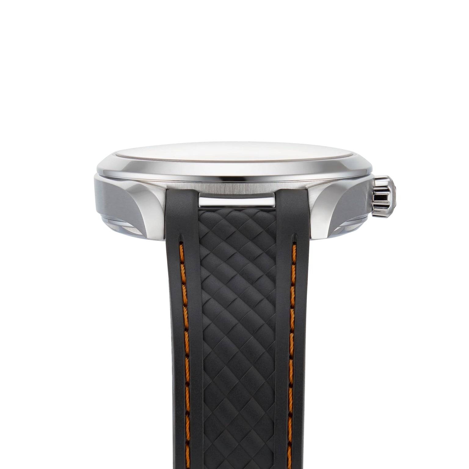 Side view of the OMEGA Seamaster Aqua Terra 150M, featuring a silver case, black textured strap with orange stitching, highlighting the crown, case details, and advanced 8900 calibre movement.