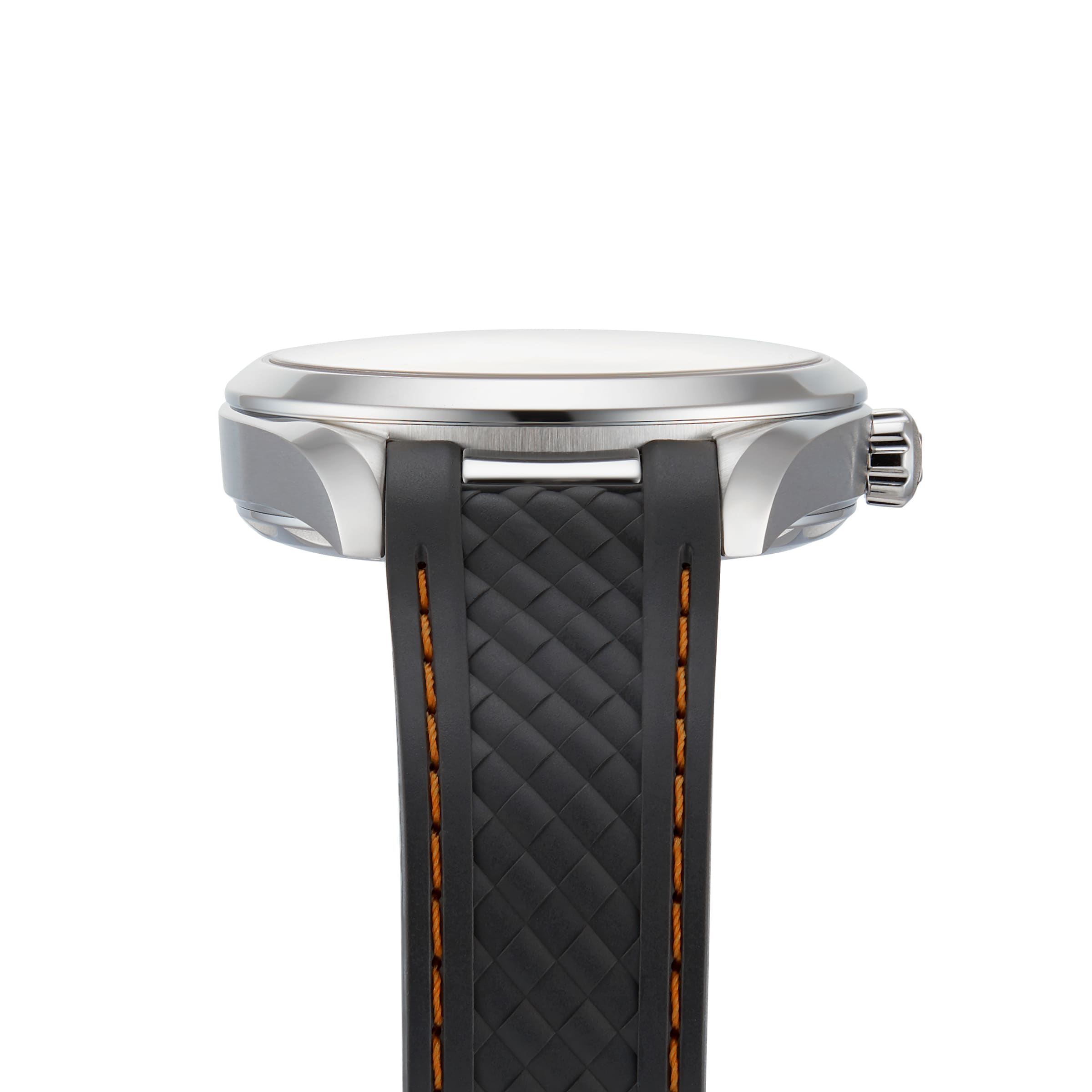 Side view of the OMEGA Seamaster Aqua Terra 150M, featuring a silver case, black textured strap with orange stitching, highlighting the crown, case details, and advanced 8900 calibre movement.