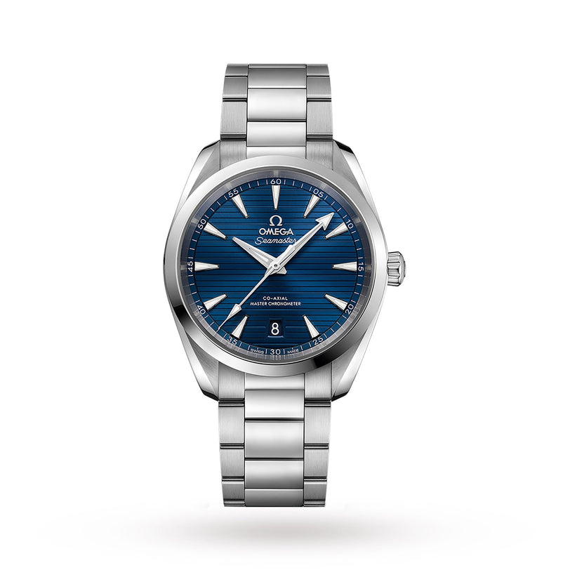 The OMEGA Seamaster Aqua Terra 150M, featuring a blue textured dial, silver hour markers, date at 6 o’clock, and a stainless steel bracelet, is showcased on a white background.