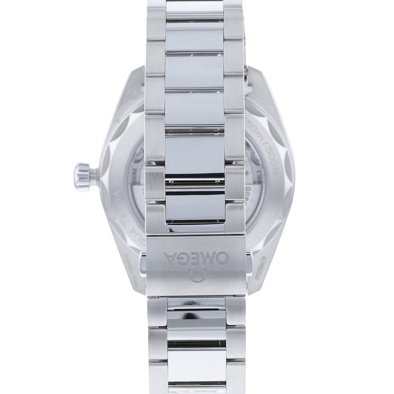Back view of the OMEGA Seamaster Aqua Terra 150M in silver with a metal bracelet and the OMEGA logo on the clasp.