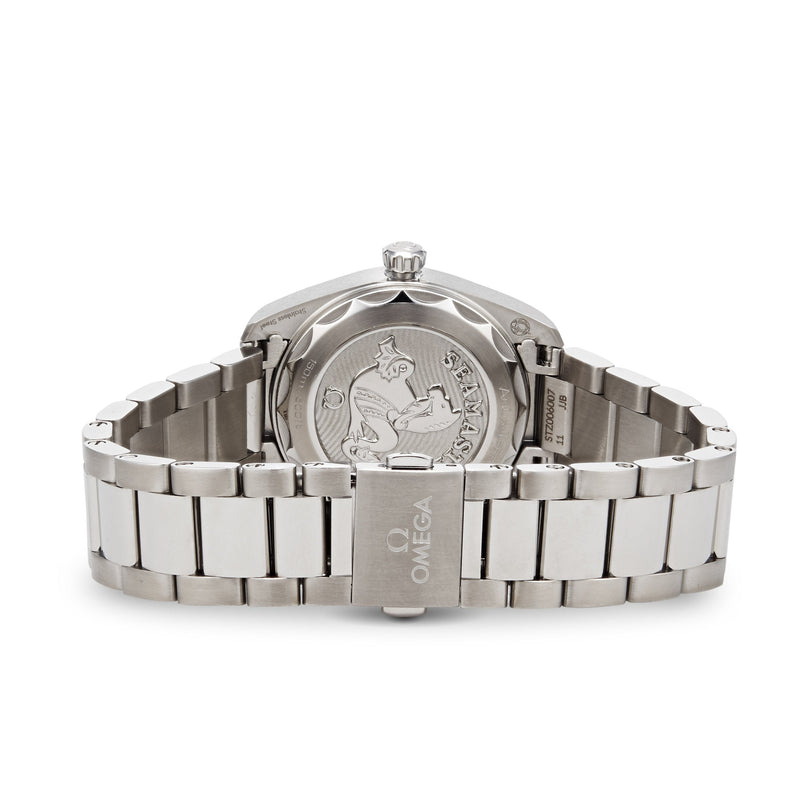 Back view of the OMEGA Seamaster Aqua Terra 150M, highlighting its engraved case back and branded clasp—a tribute to its maritime legacy.