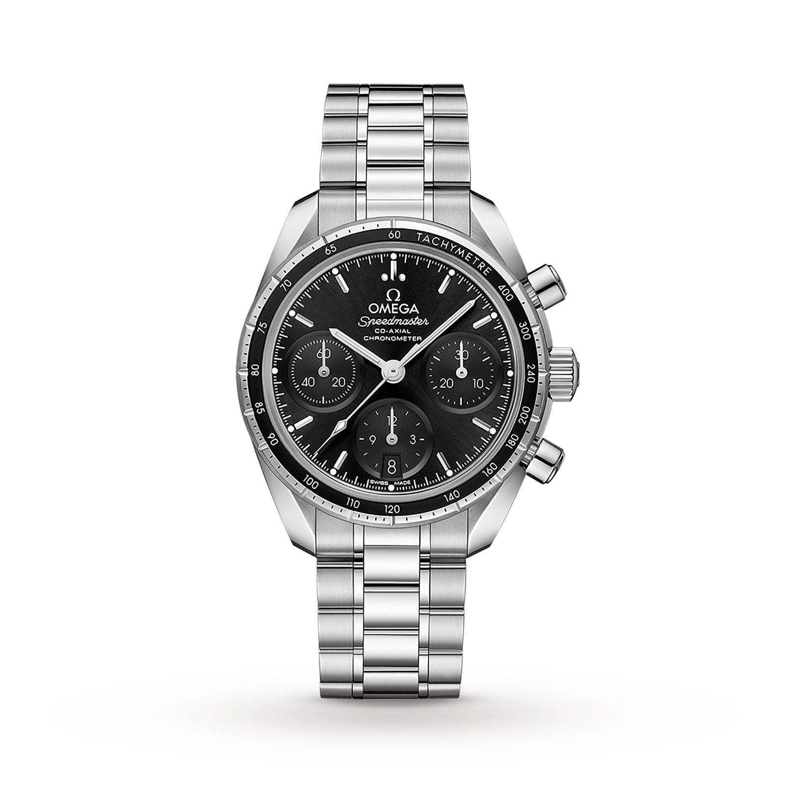 The OMEGA Speedmaster 38 is a stainless steel chronograph with a black dial, three subdials, tachymeter bezel, and metal bracelet, displayed on a white background—showcasing the precision of OMEGA Master Chronometers.