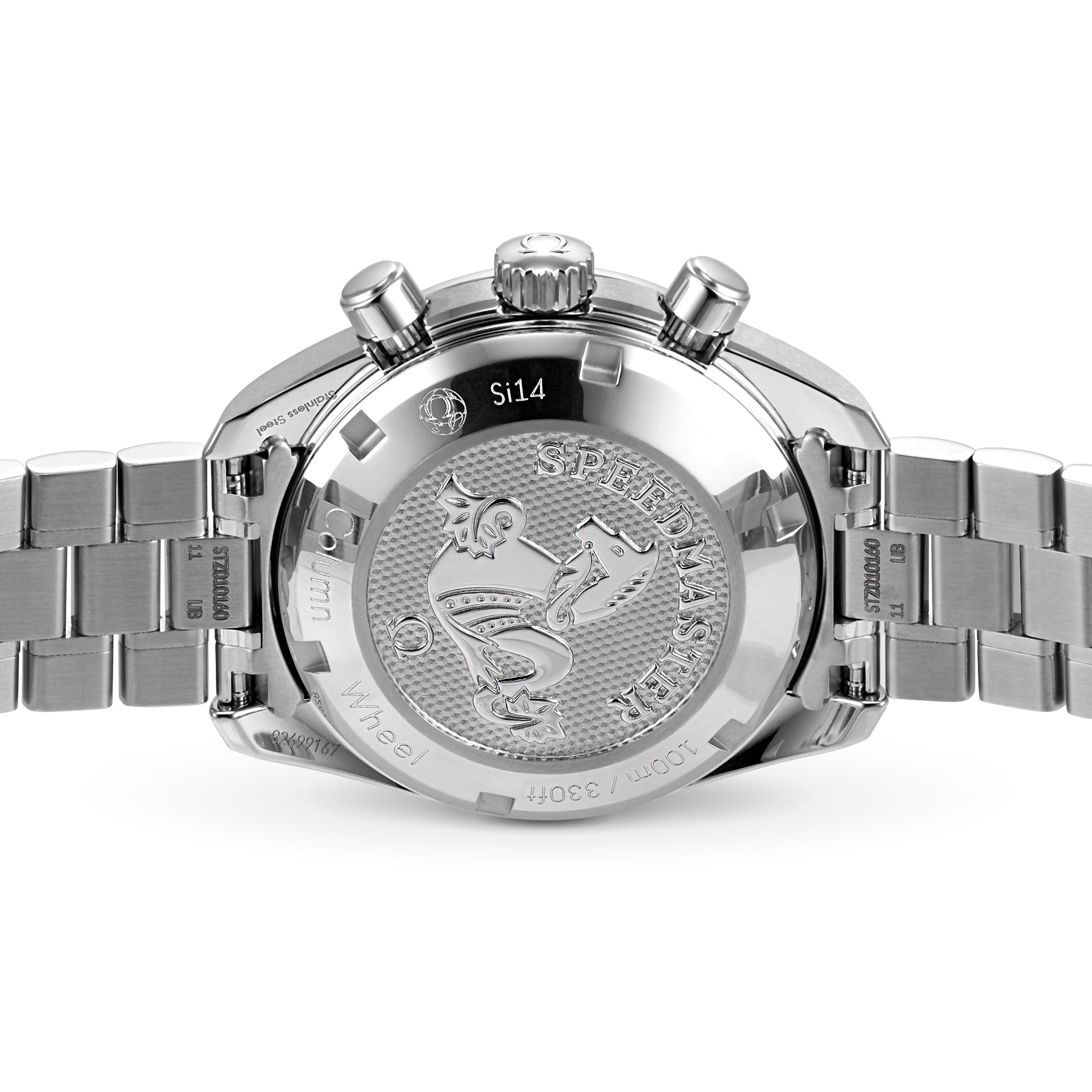 Close-up of the back of an OMEGA Speedmaster 38, featuring engraved text, a seahorse logo, and a stainless steel bracelet—an iconic timepiece celebrated for its precision and rich heritage.