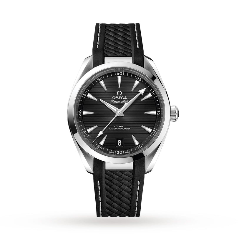 A black OMEGA Seamaster Aqua Terra 150M wristwatch with a striped black dial, silver hour markers, date at 6 o’clock, and a black textured strap is displayed on a white background—ideal for luxury sailboat enthusiasts.