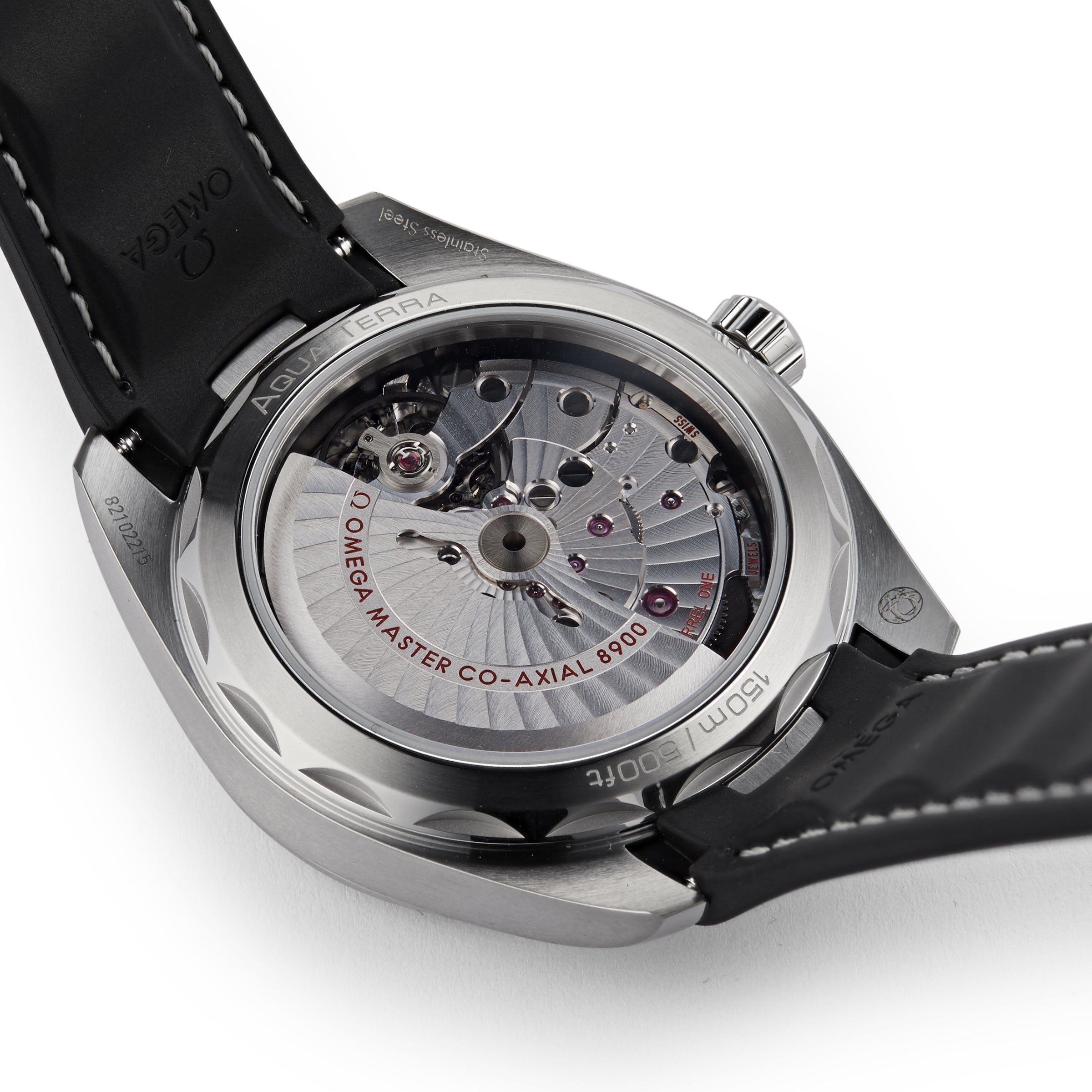 Close-up of the OMEGA Seamaster Aqua Terra 150M’s back, showcasing the Master Chronometer-certified Co-Axial 8900 movement through its transparent case back.