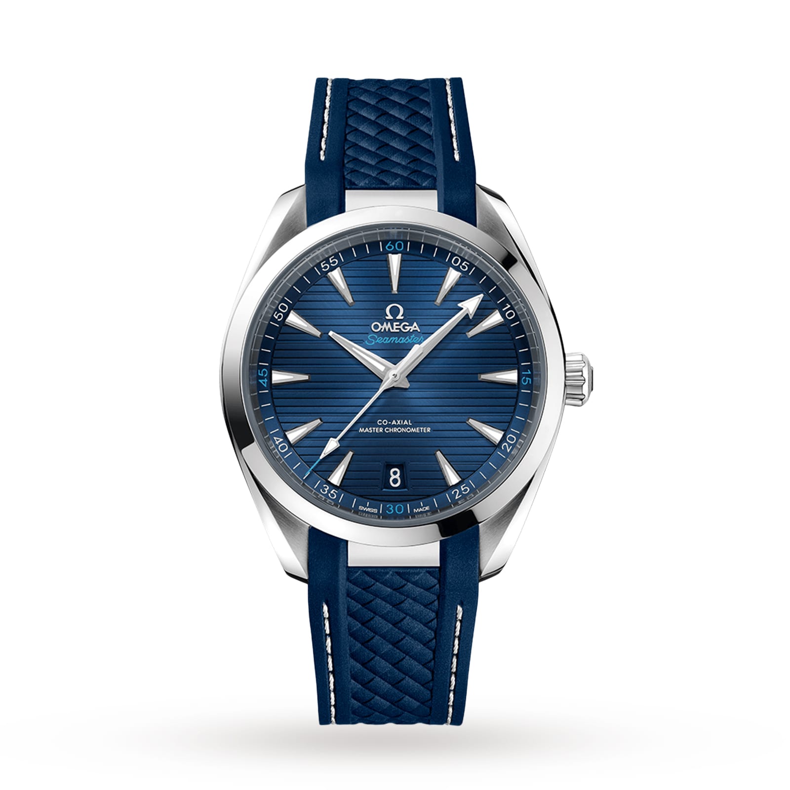 The OMEGA Seamaster Aqua Terra 150M features a blue face with silver hour markers, white accents, a date display at 6 o’clock, a textured blue strap, and silver casing—a true Master Chronometer.
