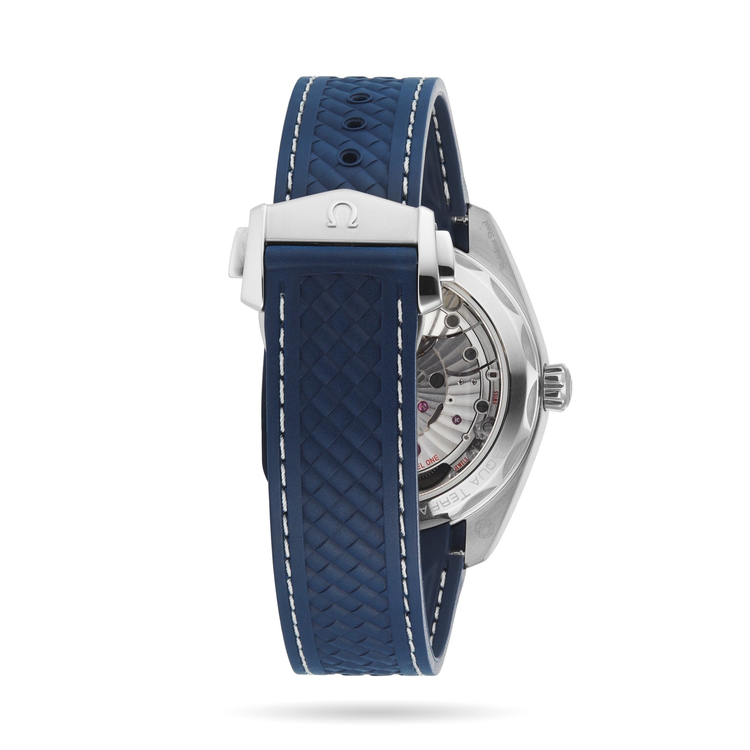 Back view of the OMEGA Seamaster Aqua Terra 150M with a blue textured rubber strap, white stitching, silver Omega-logo buckle, and a partially visible transparent case back.