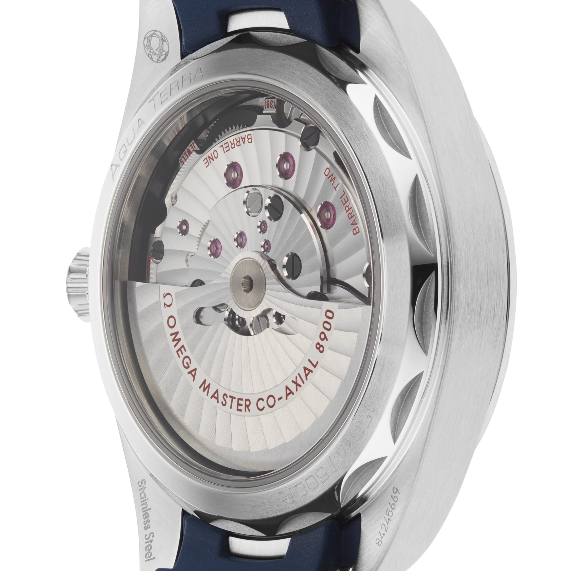 Close-up of the back of an OMEGA Seamaster Aqua Terra 150M watch, featuring its exposed automatic movement and “Omega Master Co-Axial 8900” engraving, showcasing its Master Chronometer certification.