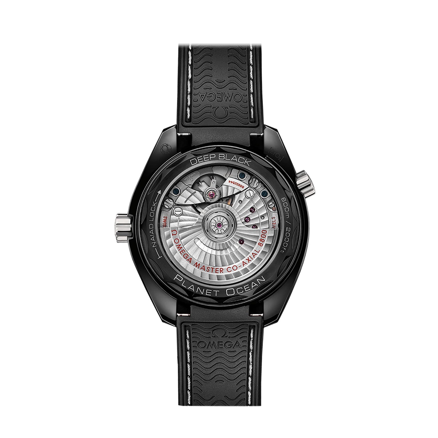 Back view of the OMEGA Seamaster Planet Ocean 600M displaying its detailed mechanical movement and black rubber strap.